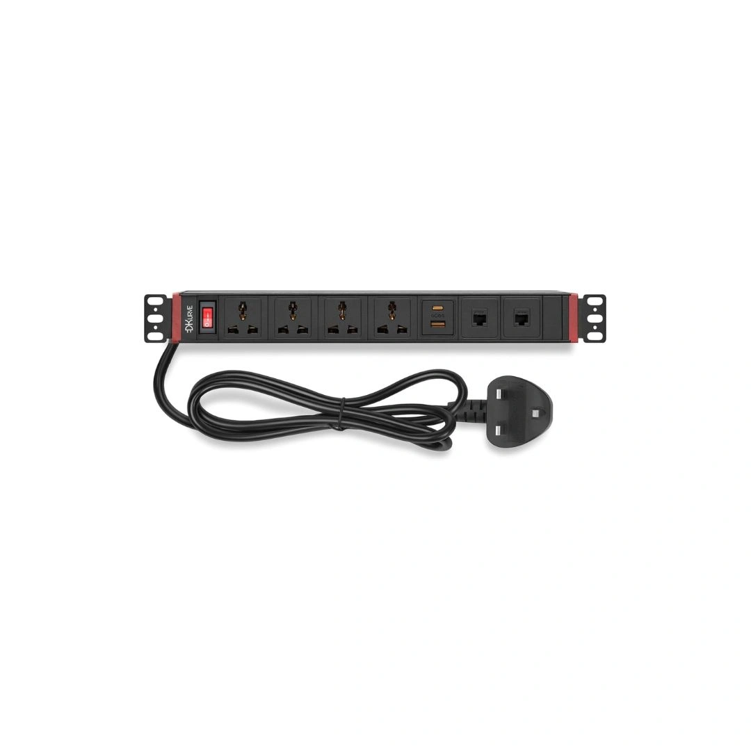DKURVE 19″ 1U Rack PDU – 4 Universal Sockets, USB-C, Data Ports 360° rotating