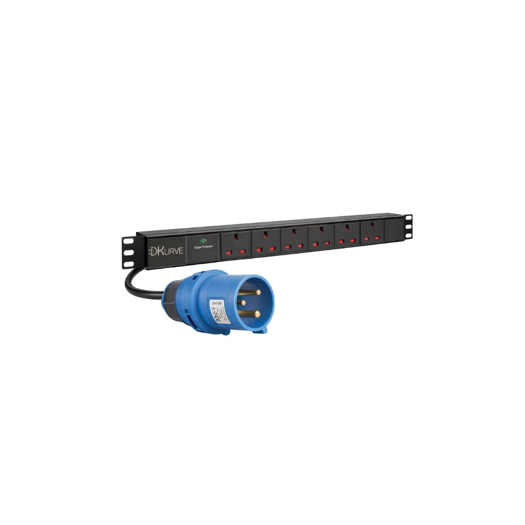 DKURVE® 6-Way UK Socket Horizontal PDU with Surge Protection & 32A Commando Plug
