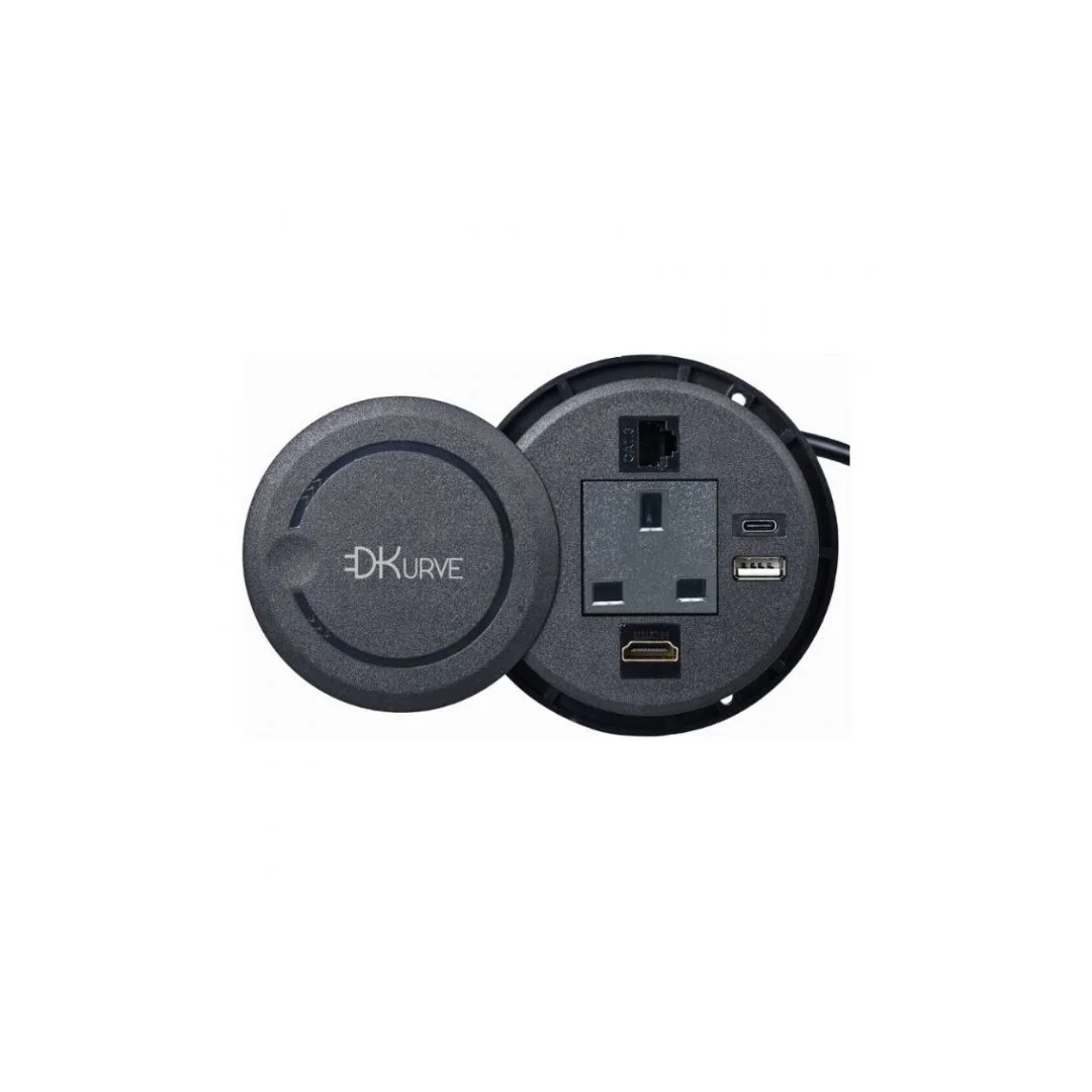 Round Desk Power Grommet Socket with USB, LAN & Type-C – Black