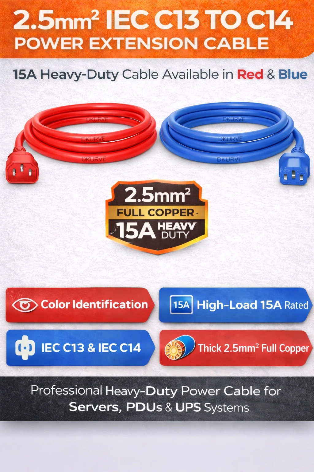 DKURVE® 2.5mm² IEC C13 to C14 Power Extension Cable – 15A – Red / Blue - 2 Meter