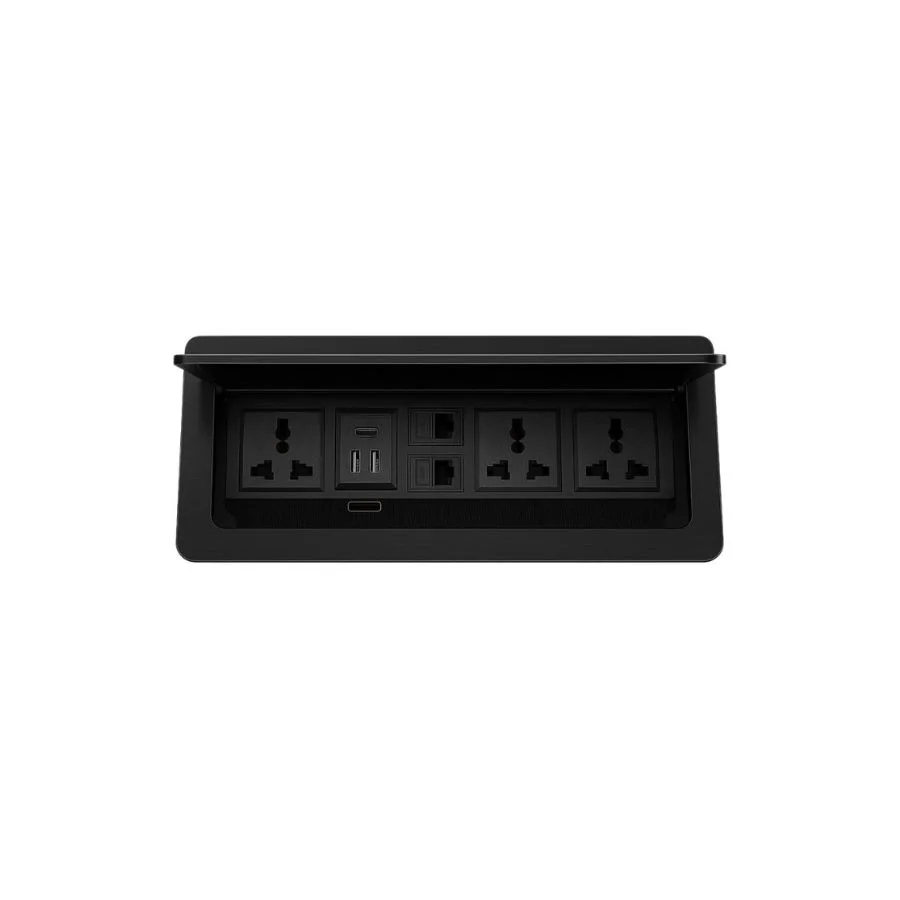Conference Table Power Socket Box – 3 Universal Sockets with USB-C, HDMI, LAN & Phone Port