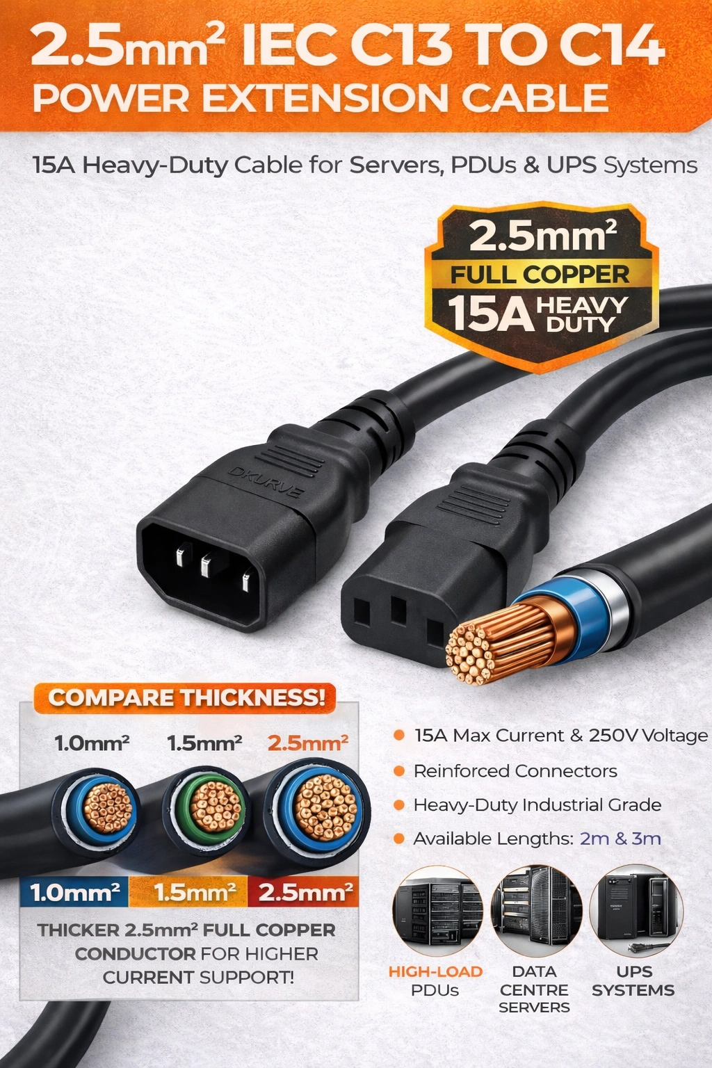 DKURVE® 2.5mm² IEC C13 to C14 Power Extension Cable – 15A Heavy-Duty – Full Copper