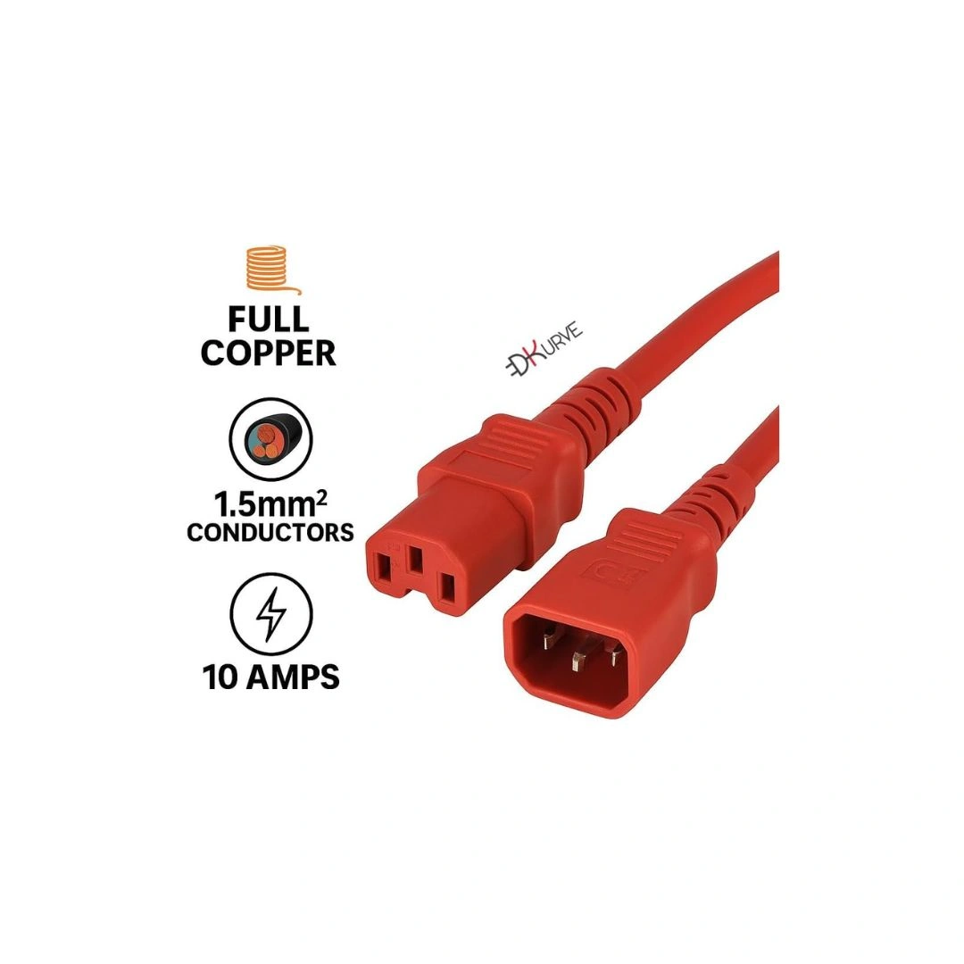 DKURVE® IEC C14 to C15 Notched Power Cable – 1.5mm² Full Copper – 10A 250V – Red